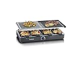 SEVERIN Raclette-Grill mit Naturgrillstein und Grillplatte, Raclette mit antihaftbeschichteter Grillplatte und 8 Pfännchen, Tischgrill für 8 Personen, max. 1300 W, schwarz, RG 2371