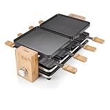 Princess Raclette Grill in Bambusausführung - für bis zu 8 Personen, 1200 Watt, regelbare Thermostat, Aluminiumguss-Platte, 8 Pfännchen und Spatel, 162910